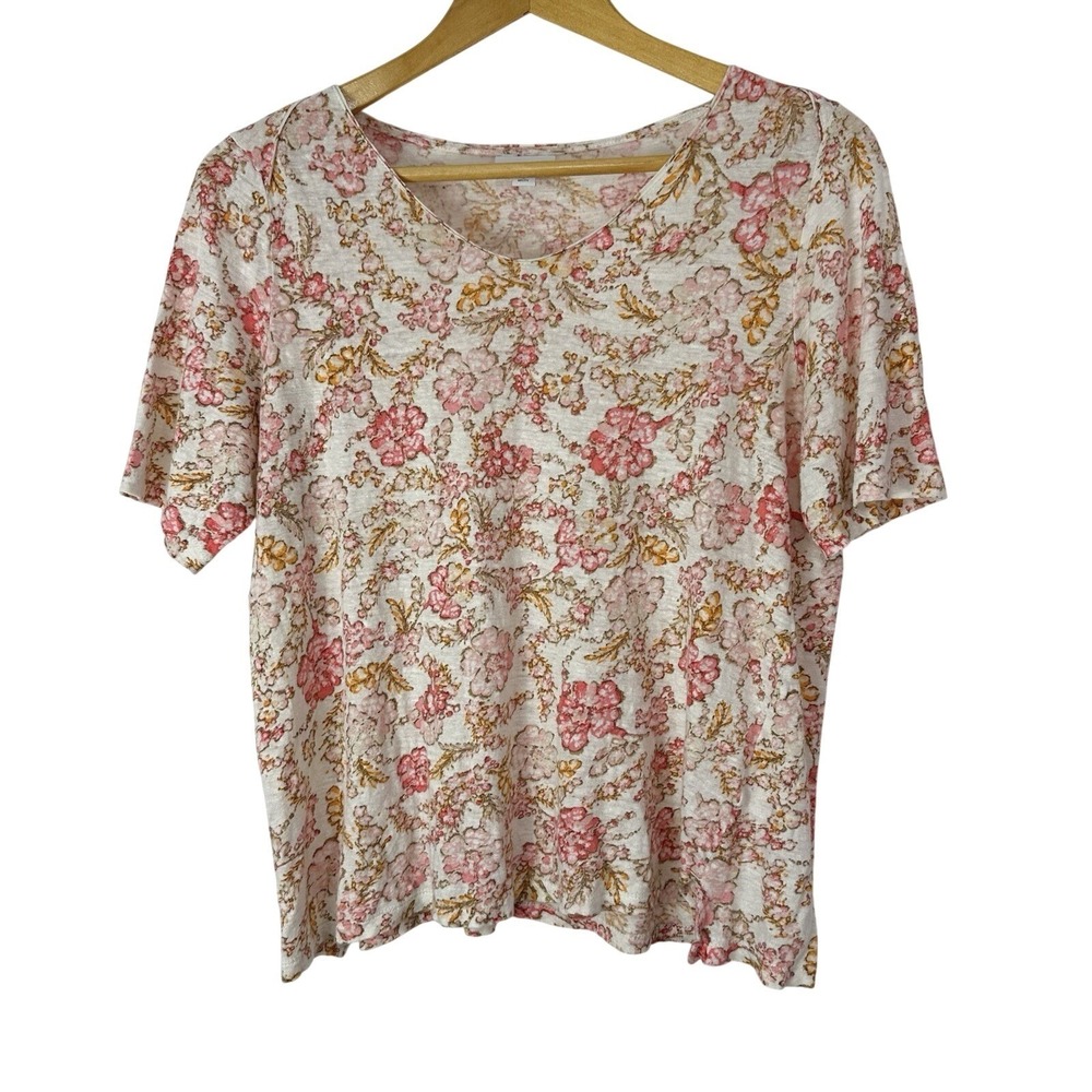 J.Jill Love Linen Floral Print‎ Top Women's Large Pink Beige Green Short Sleeve